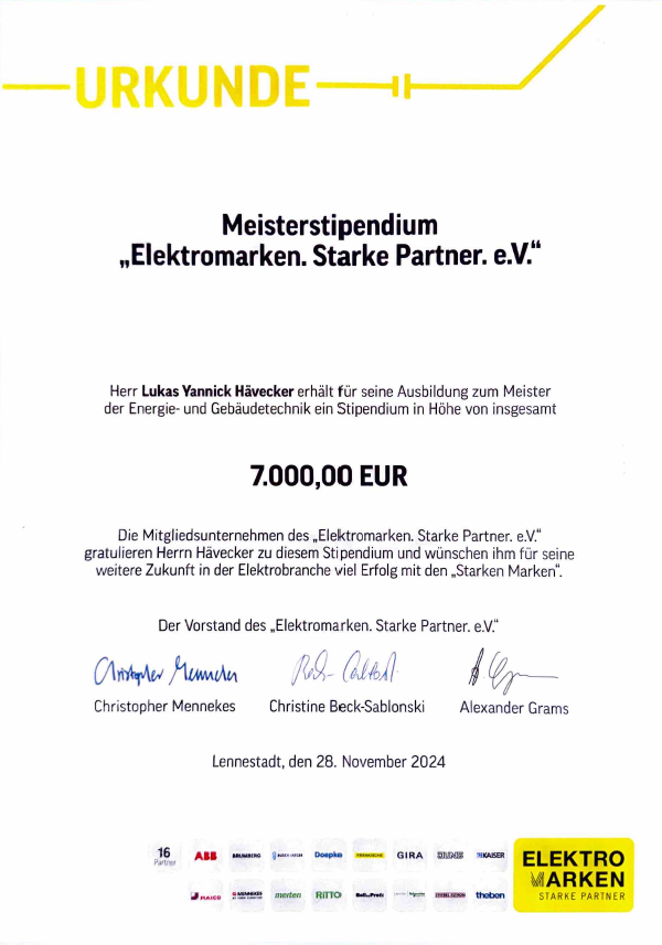 Urkunde – Meisterstipendium Elektromarken. Starke Partner. e.V. 2024